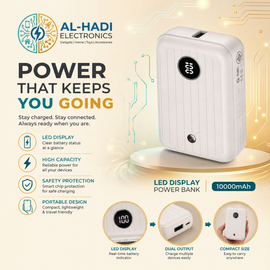 Compact white 10000mAh power bank with digital LED battery percentage display and dual output ports