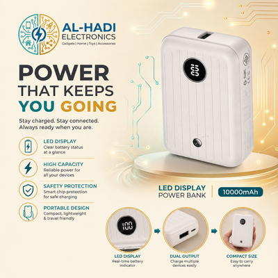 Compact white 10000mAh power bank with digital LED battery percentage display and dual output ports
