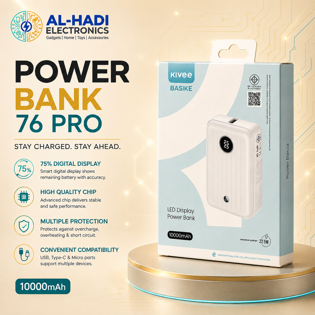 Compact white 10000mAh power bank with digital LED battery percentage display and dual output ports