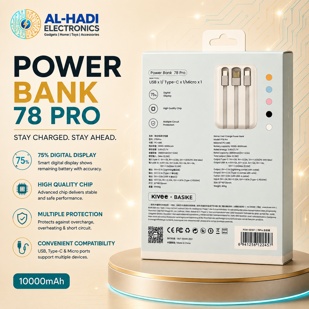 Compact white 10000mAh power bank with digital LED battery percentage display and dual output ports