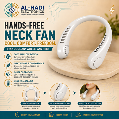 White hands-free neck cooling fan with 360 degree surround air outlets, simple one-button operation, and 3 wind modes