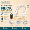 White hands-free neck cooling fan with 360 degree surround air outlets, simple one-button operation, and 3 wind modes