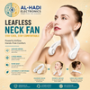 White hands-free neck cooling fan with 360 degree surround air outlets, simple one-button operation, and 3 wind modes