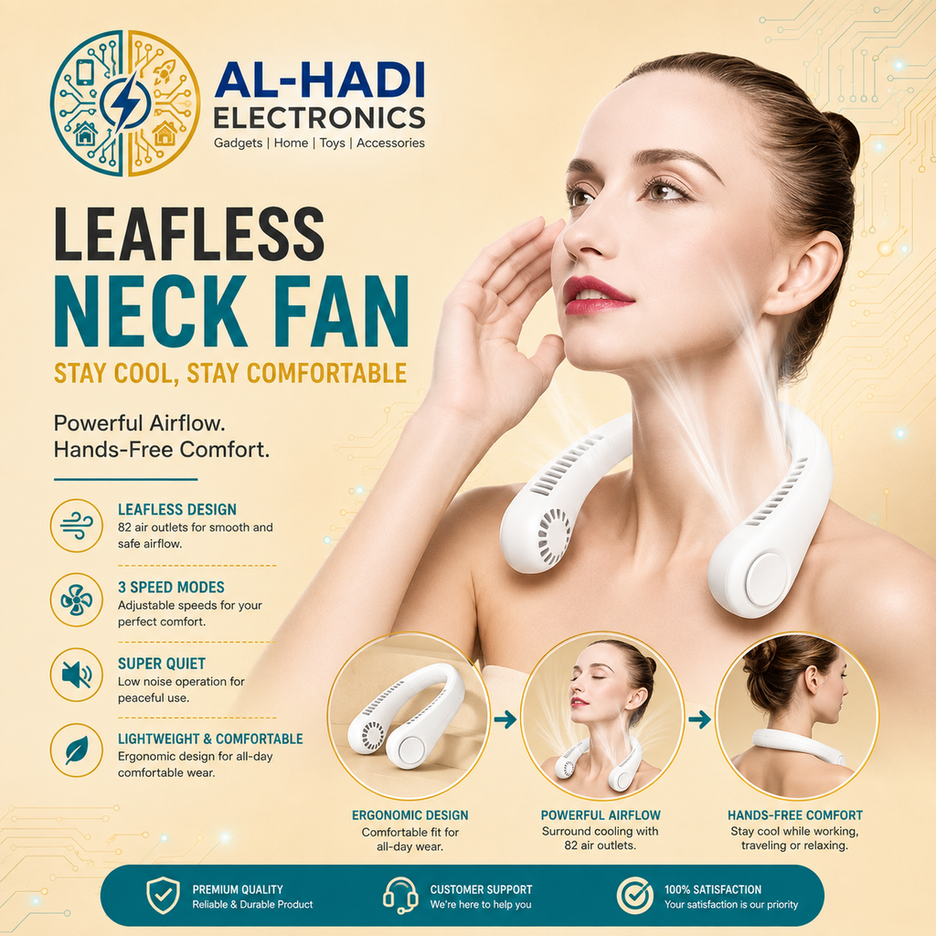 White hands-free neck cooling fan with 360 degree surround air outlets, simple one-button operation, and 3 wind modes