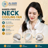 White hands-free neck cooling fan with 360 degree surround air outlets, simple one-button operation, and 3 wind modes
