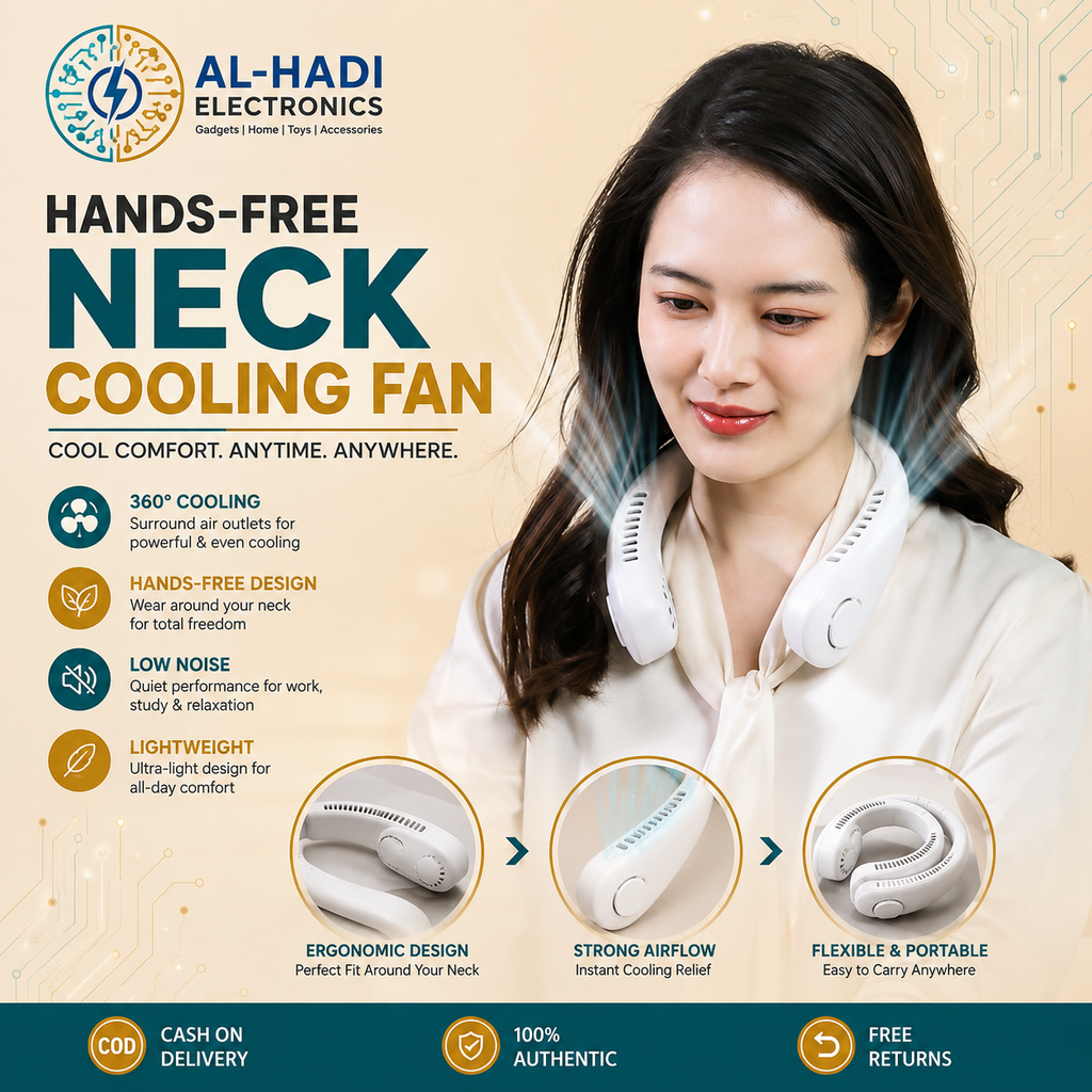 White hands-free neck cooling fan with 360 degree surround air outlets, simple one-button operation, and 3 wind modes