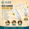 White hands-free neck cooling fan with 360 degree surround air outlets, simple one-button operation, and 3 wind modes
