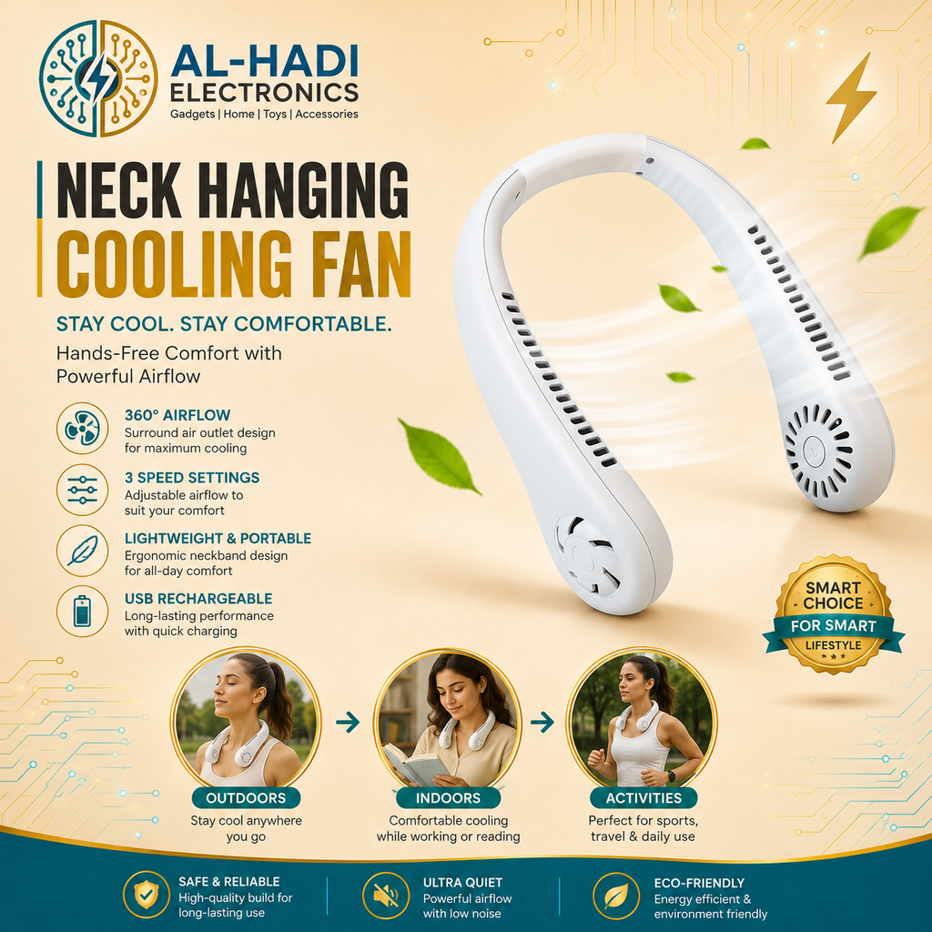 White hands-free neck cooling fan with 360 degree surround air outlets, simple one-button operation, and 3 wind modes