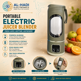 Portable electric juicer blender in dark green with 6 stainless steel blades, digital display panel, and carrying handle