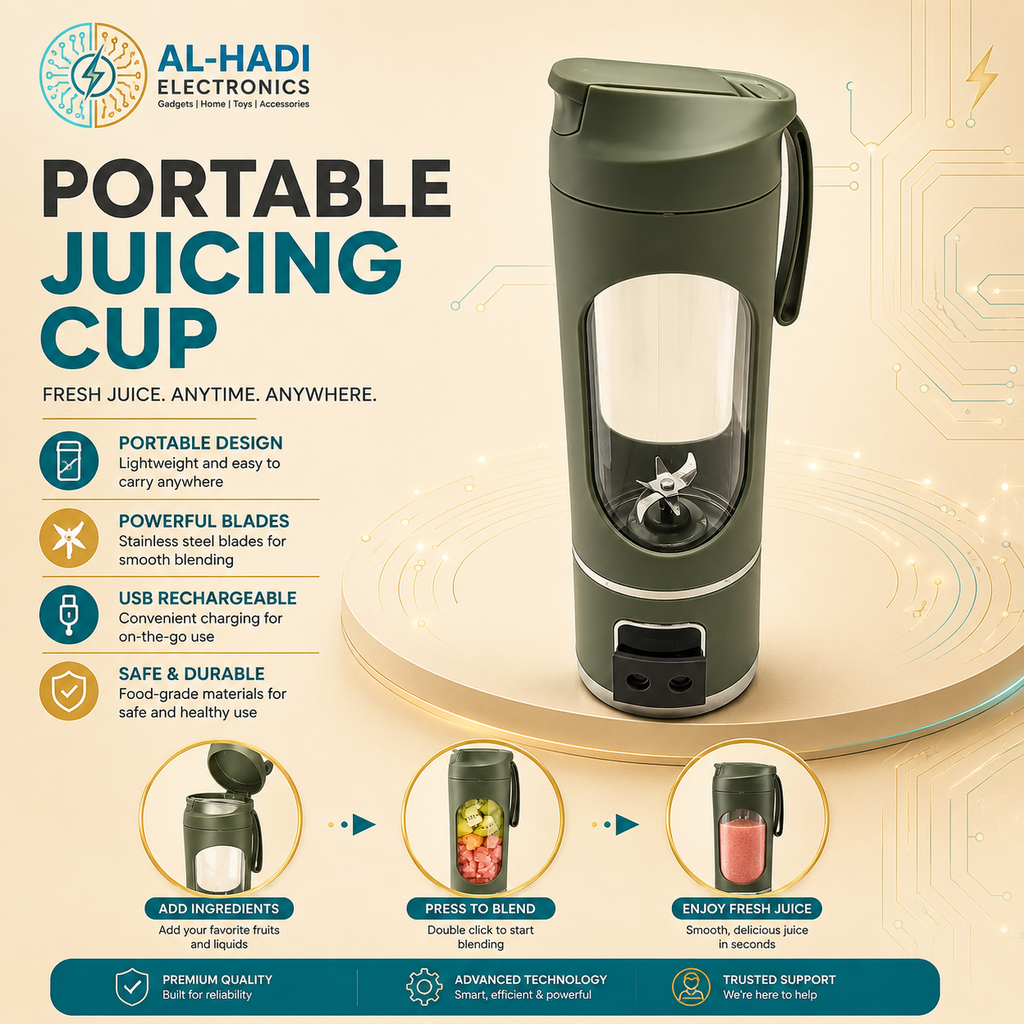 Portable electric juicer blender in dark green with 6 stainless steel blades, digital display panel, and carrying handle
