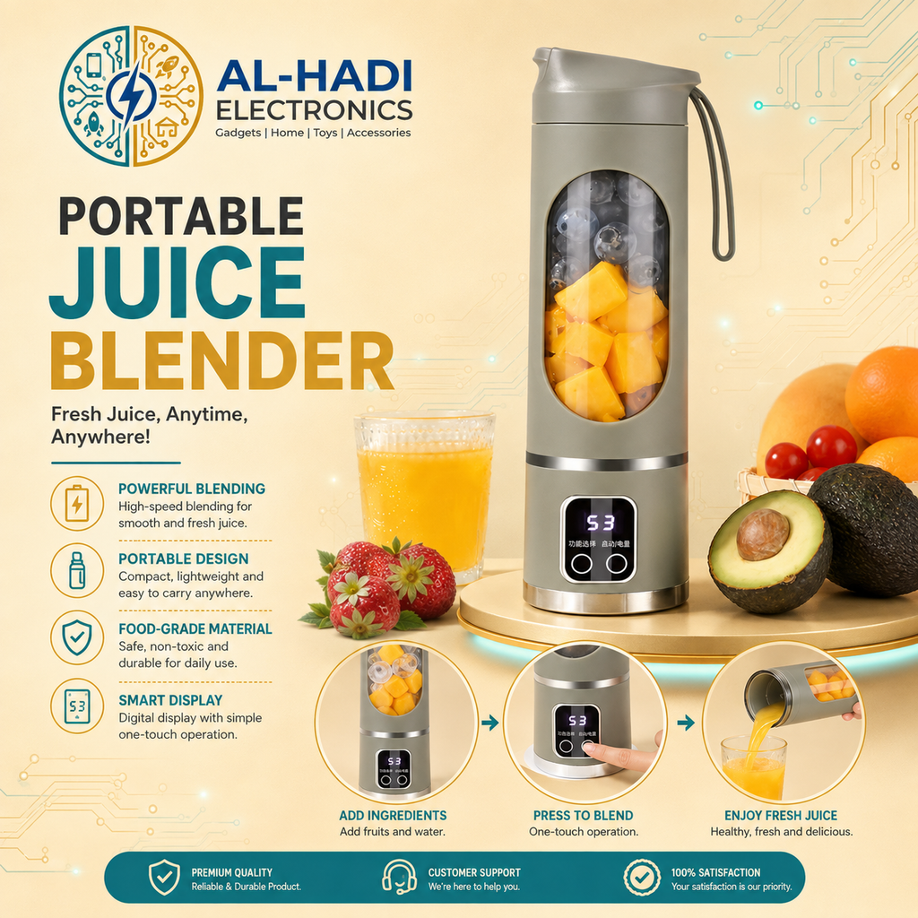 Portable electric juicer blender in dark green with 6 stainless steel blades, digital display panel, and carrying handle
