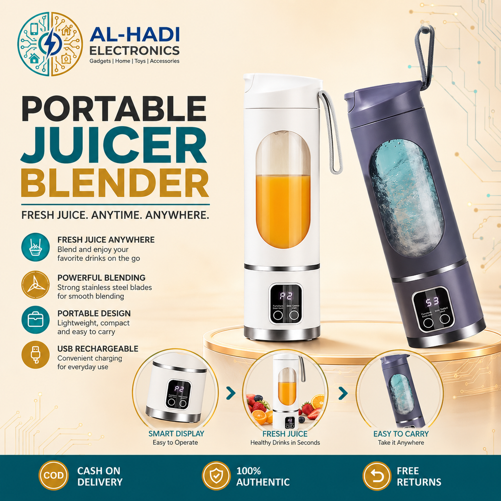 Portable electric juicer blender in dark green with 6 stainless steel blades, digital display panel, and carrying handle