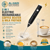 Black rechargeable electric milk frother with stainless steel spring whisk, 3 speed indicator lights, and 23000 RPM high speed performance