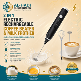 Black rechargeable electric milk frother with stainless steel spring whisk, 3 speed indicator lights, and 23000 RPM high speed performance