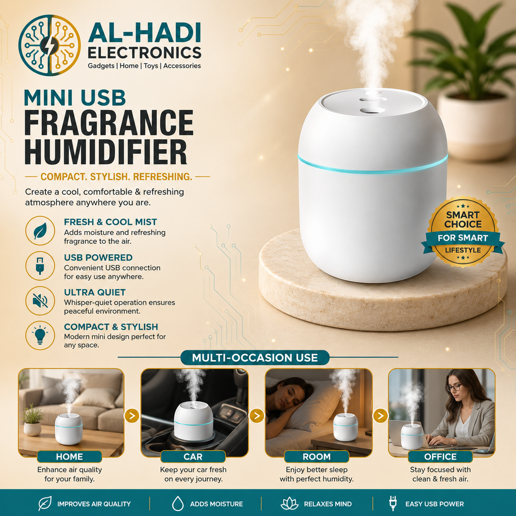 White mini USB fragrance humidifier with cool mist spray and blue LED light ring on a wooden display stand