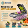 16 piece green multifunction vegetable chopper set with stainless steel blade inserts, collection container, drain basket, and peeler