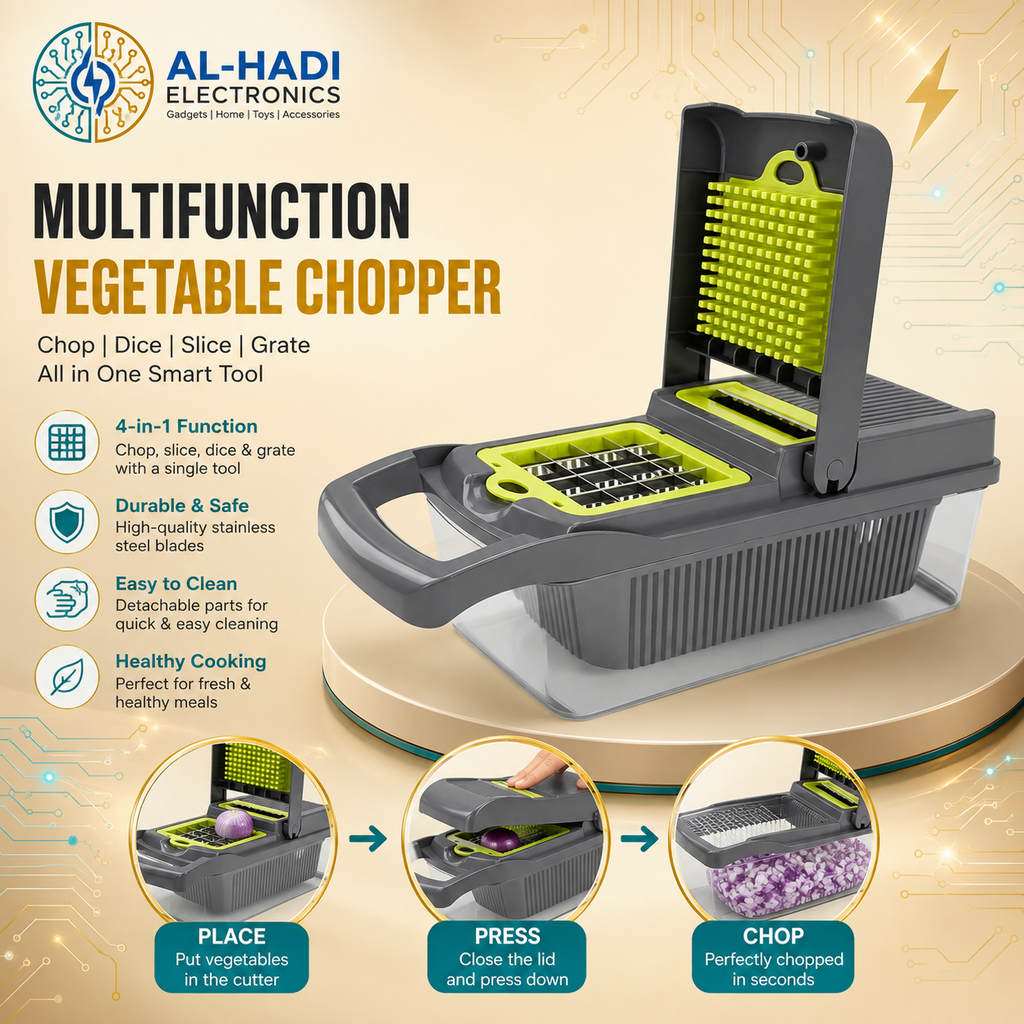 16 piece green multifunction vegetable chopper set with stainless steel blade inserts, collection container, drain basket, and peeler