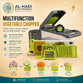 16 piece green multifunction vegetable chopper set with stainless steel blade inserts, collection container, drain basket, and peeler