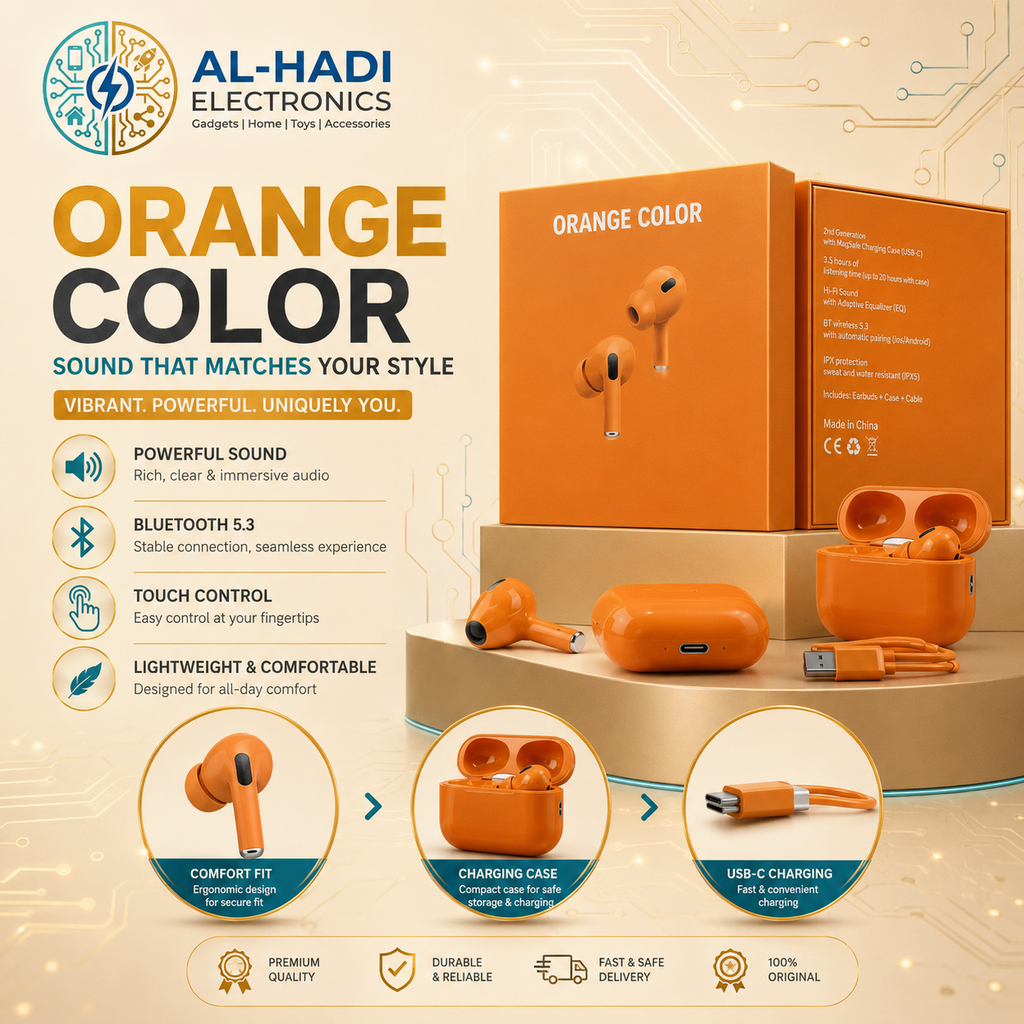 Redington orange wireless earbuds with matching charging case 