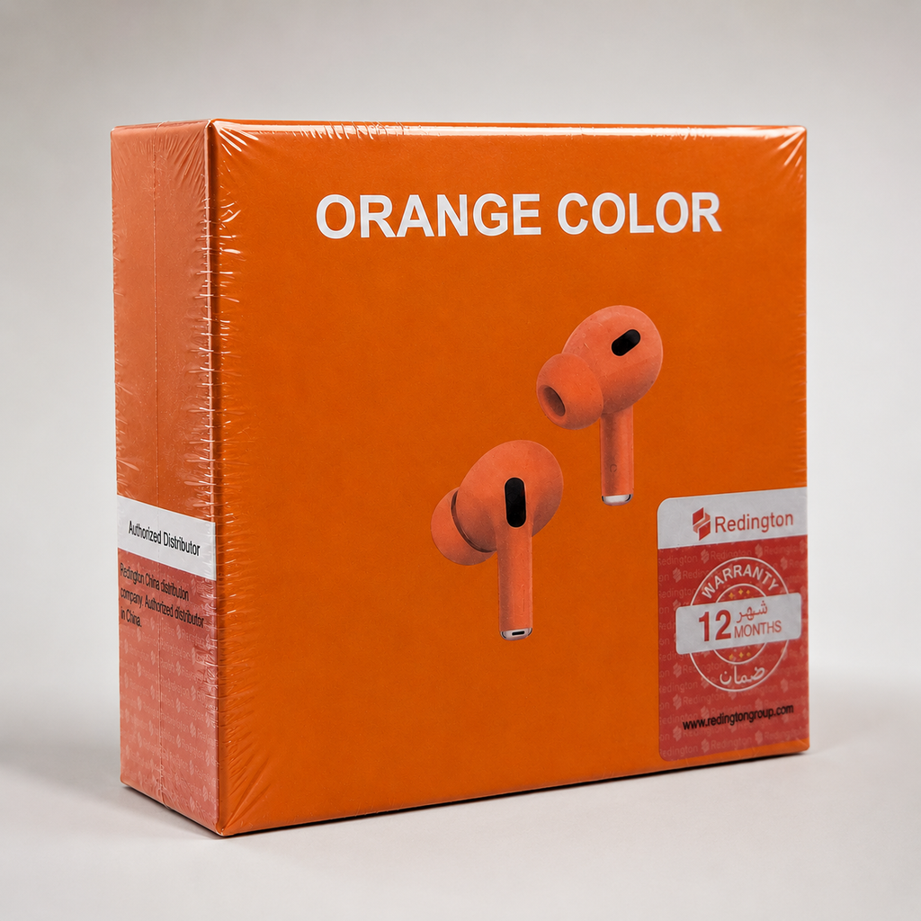 Redington orange wireless earbuds with matching charging case 