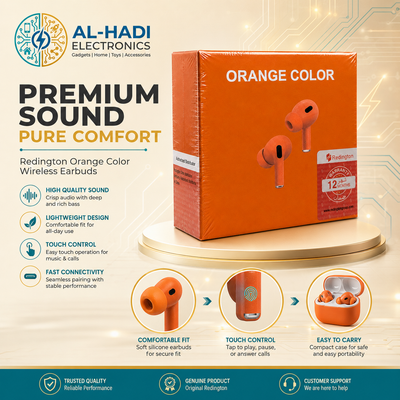Redington orange wireless earbuds with matching charging case 