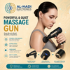 Black professional muscle massager gun with gold accents, quiet brushless motor, and 4 interchangeable massage heads