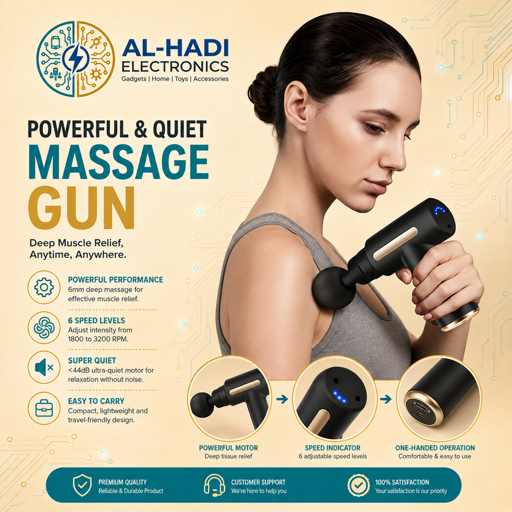 Black professional muscle massager gun with gold accents, quiet brushless motor, and 4 interchangeable massage heads