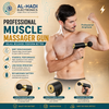 Black professional muscle massager gun with gold accents, quiet brushless motor, and 4 interchangeable massage heads