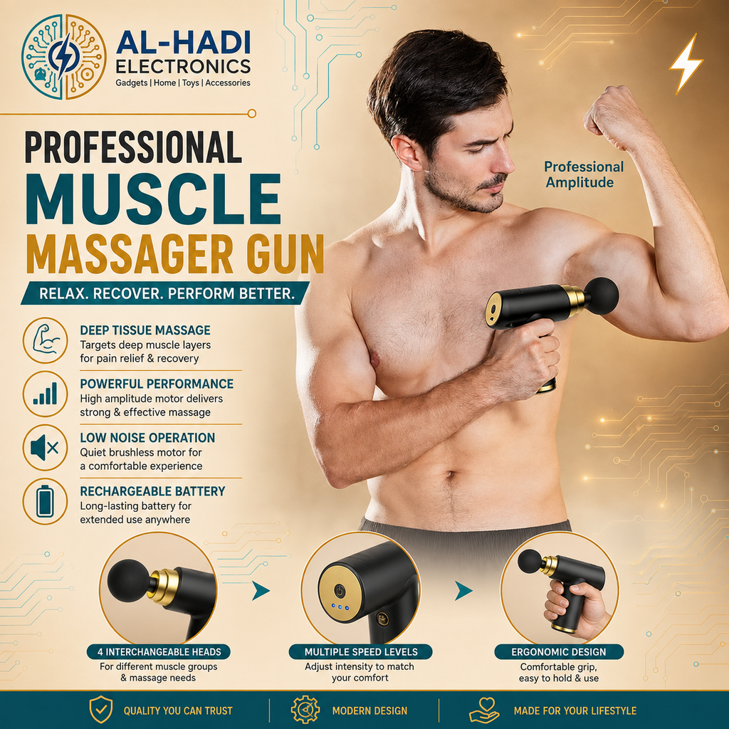 Black professional muscle massager gun with gold accents, quiet brushless motor, and 4 interchangeable massage heads