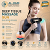 Black professional muscle massager gun with gold accents, quiet brushless motor, and 4 interchangeable massage heads