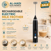 Black rechargeable electric milk frother with stainless steel spring whisk, 3 speed indicator lights, and 23000 RPM high speed performance