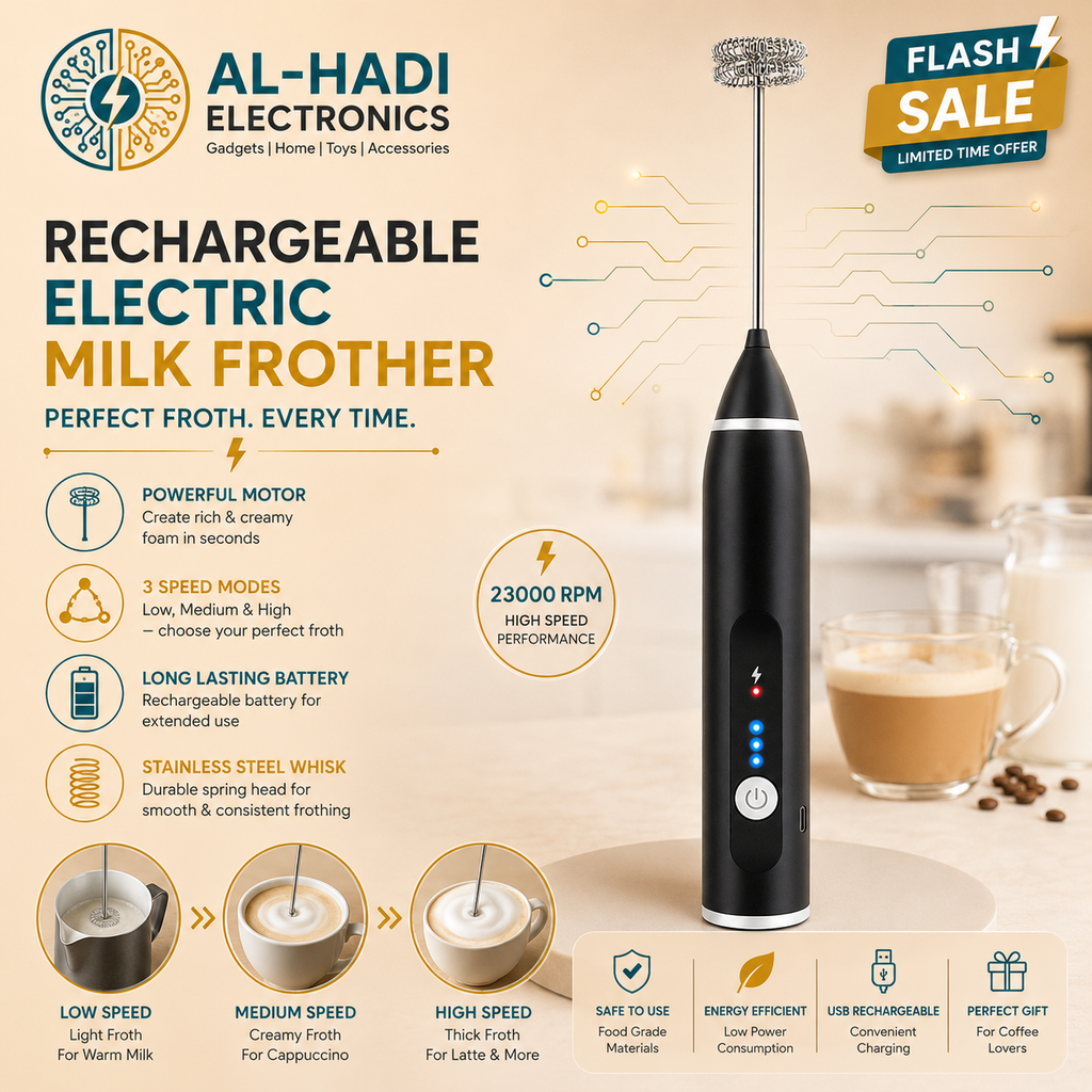 Black rechargeable electric milk frother with stainless steel spring whisk, 3 speed indicator lights, and 23000 RPM high speed performance